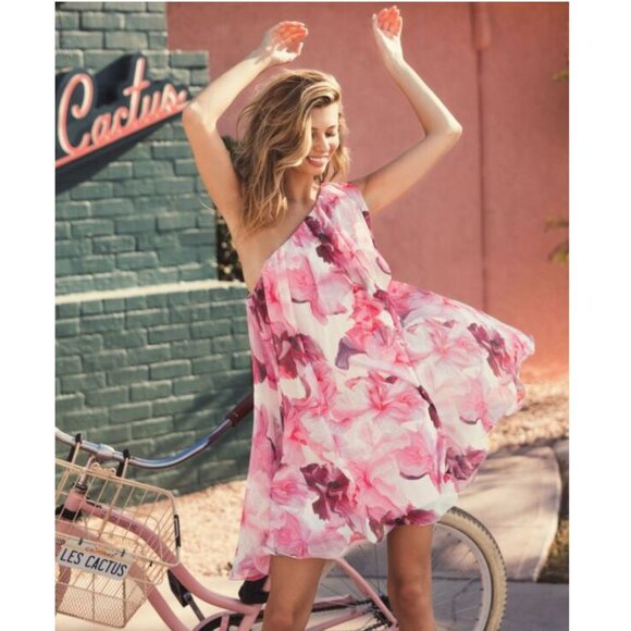 Mac Duggal Floral One Shoulder Flowy Mini DRESS Size 2 XS Pink Chiffon NEW $398 - Picture 15 of 15